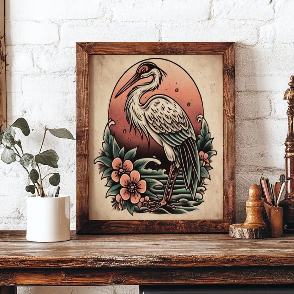 Vintage Crane Bird Wall Art, Japanese Inspired Crane Illustration, Botanical
